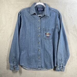Vintage Hard Rock Cafe Denim Jean Shirt Chicago Embroidered Guitars Men's L
